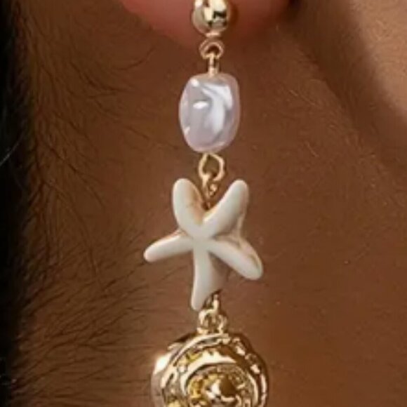 NWT Gold Starfish & Pearl Dangle Earrings beachy boho Coastal Jewelry Gift - Picture 7 of 8